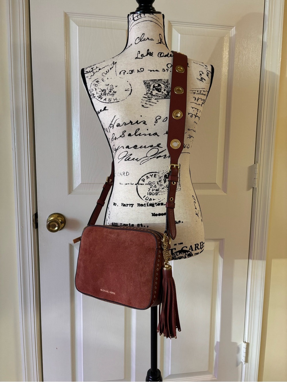 Michael Kors Brooklyn Cognac Suede & Leather Camera Crossbody w/Tassel Bag